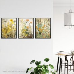 Artery8 A4 Wall Art & Frame Set of 3 Wildflowers Florals Yellow Pink Teal in Beige - thumbnail 2