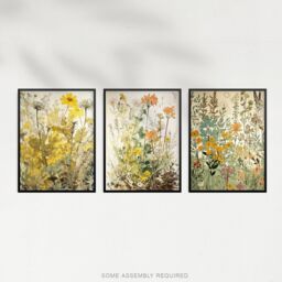 Artery8 A4 Wall Art & Frame Set of 3 Wildflowers Florals Yellow Pink Teal in Beige - thumbnail 4
