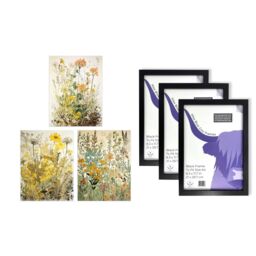 Artery8 A4 Wall Art & Frame Set of 3 Wildflowers Florals Yellow Pink Teal in Beige - thumbnail 5