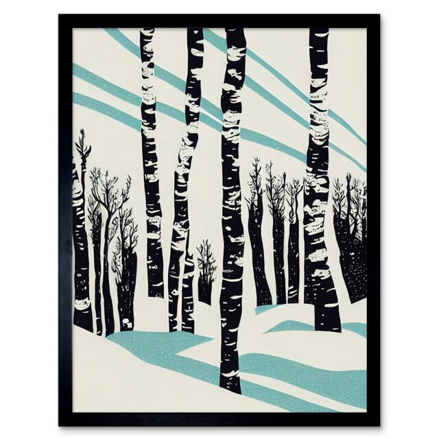 "Artery8 Wall Art Print Modern Birch Tree Forest in Winter Modern Stencil Design Monochrome & Teal Art Framed in Black - Size: W12"" x H16""" - image 1