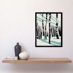 "Artery8 Wall Art Print Modern Birch Tree Forest in Winter Modern Stencil Design Monochrome & Teal Art Framed in Black - Size: W12"" x H16""" - thumbnail 2
