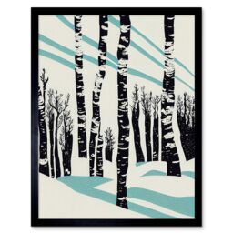 "Artery8 Wall Art Print Modern Birch Tree Forest in Winter Modern Stencil Design Monochrome & Teal Art Framed in Black - Size: W12"" x H16""" - thumbnail 1