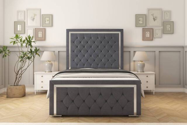 "Sloomy Sofia Chrome Plush Frame-Mattress - 50"" Upholstered Headboard in Dark Grey - Size: Single" - image 1