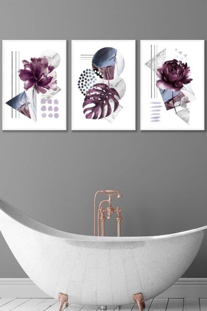 ARTZE Set of 3 White Framed Abstract Purple & Silver Botanical Wall Art - Size: W53 cm x H73 cm x D20mm - image 1