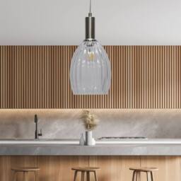 First Choice Lighting Birch - Clear Fluted Glass Satin Nickel Deco Pendant Fitting - thumbnail 3