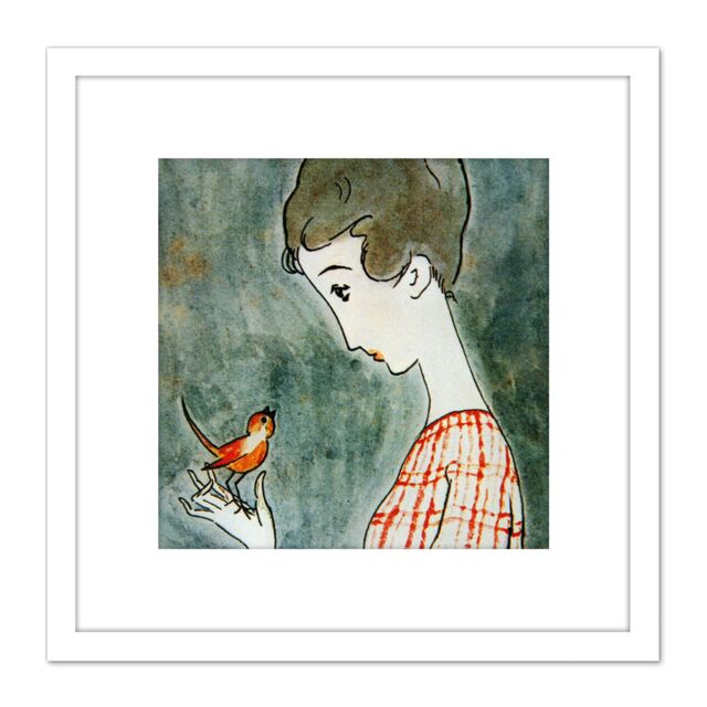 Artery8 Takehisa Red Bird Japan Painting 8X8 Inch Square Wooden Framed Wall Art Print Picture with Mount in White - image 1
