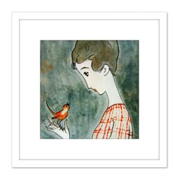 Artery8 Takehisa Red Bird Japan Painting 8X8 Inch Square Wooden Framed Wall Art Print Picture with Mount in White - thumbnail 1