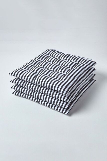 Homescapes Set of 4 Black & White Stripe Seat Pad with Straps 40 x 40 cm - Size: 40 cm x 40 cm - image 1