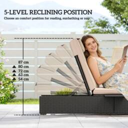 OUTSUNNY Outdoor PE Rattan Lounger Cushion, 5-Level Reclining Sun Lounger in Black - thumbnail 4