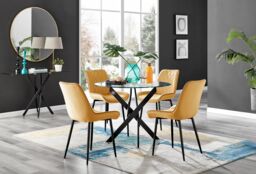 FurnitureboxUK Novara 4 Seater Black Leg Round Glass Dining Table & 4 Pesaro Soft Velvet Black Leg Chairs in Mustard - thumbnail 1