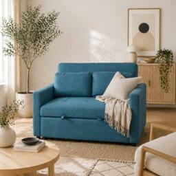 Wyld Haus Codoha Kapa Blue 2 Seater Fabric Sofa Bed Side Pockets & Cushions - thumbnail 1