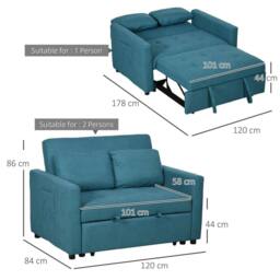 Wyld Haus Codoha Kapa Blue 2 Seater Fabric Sofa Bed Side Pockets & Cushions - thumbnail 3
