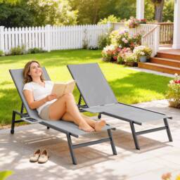 OUTSUNNY Sun Loungers for Garden Set of 2 with Side Tray Table in Grey - Size: 190 cm x 60 cm - thumbnail 1