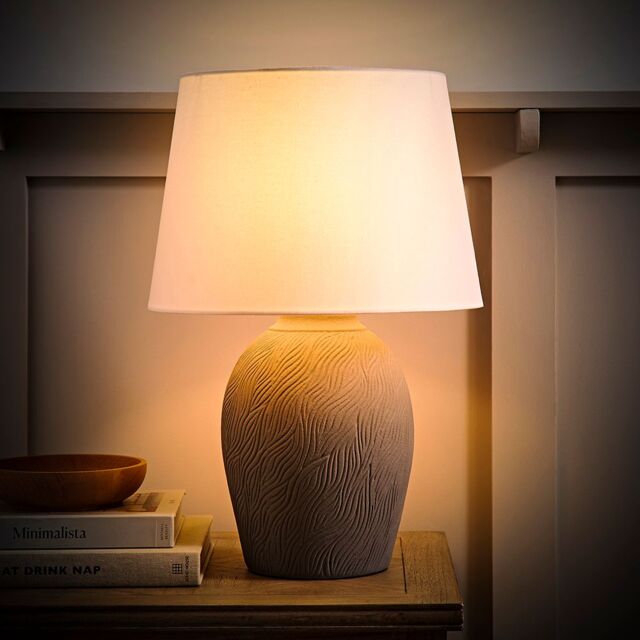 ValueLights Clint Linen Tapered Shade Grey Etched Hand Finished Ceramic Table Lamp with Bulb in Mid Grey - image 1