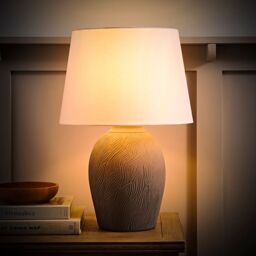 ValueLights Clint Linen Tapered Shade Grey Etched Hand Finished Ceramic Table Lamp with Bulb in Mid Grey - thumbnail 1