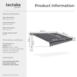 tectake Retractable Awning Ornella in Dark Grey - Size: 300 cm x 250 cm - thumbnail 6