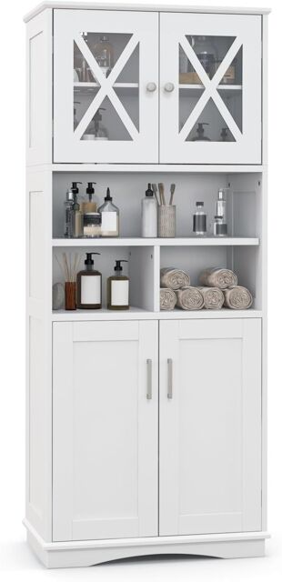 Gymax Tall Bathroom Cabinet Cupboard With Acrylic Doors & Adjustable Shelves in White - image 1