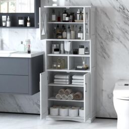 Gymax Tall Bathroom Cabinet Cupboard With Acrylic Doors & Adjustable Shelves in White - thumbnail 2