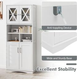 Gymax Tall Bathroom Cabinet Cupboard With Acrylic Doors & Adjustable Shelves in White - thumbnail 6