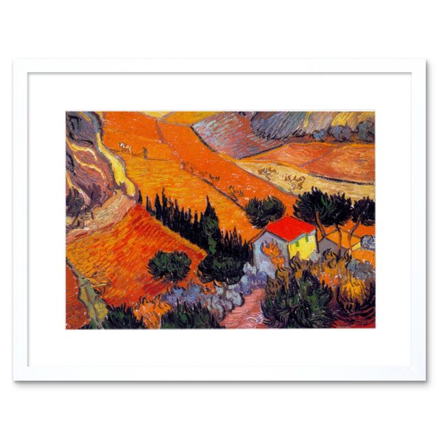 "Artery8 Wall Art Print Van Gogh Landscape With House Ploughman 1889 Artwork Framed 9X7 Inch in White - Size: W7"" x H9""" - image 1