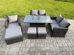 Fimous Outdoor Rattan Patio Furniture Set Garden Lounge Sofa Set with Rising Lifting Table 3 Footstools Dark Grey Mixed - thumbnail 1