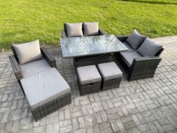 Fimous Outdoor Rattan Patio Furniture Set Garden Lounge Sofa Set with Rising Lifting Table 3 Footstools Dark Grey Mixed - thumbnail 2