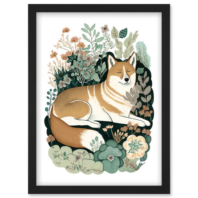 Artery8 Shiba Inu Dog Lying in Flower Field Modern Stylised Illustration Artwork Framed Wall Art Print A4 in Black - image 1
