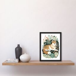 Artery8 Shiba Inu Dog Lying in Flower Field Modern Stylised Illustration Artwork Framed Wall Art Print A4 in Black - thumbnail 2