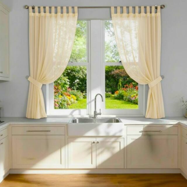 Luxury Living Voile Tab Top Curtain Pair with Crystal Tie Backs Sheer Window Panels in Cream - Size: 145 cm width x 137 cm drop - image 1