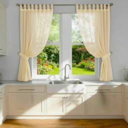 Luxury Living Voile Tab Top Curtain Pair with Crystal Tie Backs Sheer Window Panels in Cream - Size: 145 cm width x 137 cm drop - thumbnail 1