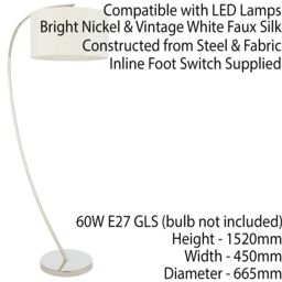 Loops 1.5m Curved Floor Lamp Nickel & White Shade Arched Standing Living Room Light in Metallics - thumbnail 2