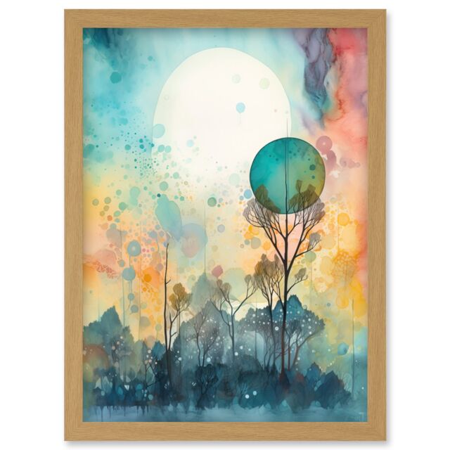 Artery8 Winter Forest Landscape Dreamland Partial Sun Eclipse & Snowfall over Trees Modern Watercolour Artwork Framed Wall Art Print A4 in Light Oak - image 1