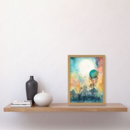 Artery8 Winter Forest Landscape Dreamland Partial Sun Eclipse & Snowfall over Trees Modern Watercolour Artwork Framed Wall Art Print A4 in Light Oak - thumbnail 2
