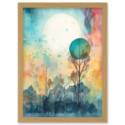 Artery8 Winter Forest Landscape Dreamland Partial Sun Eclipse & Snowfall over Trees Modern Watercolour Artwork Framed Wall Art Print A4 in Light Oak - thumbnail 1