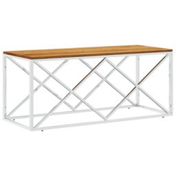 Berkfield Home Coffee Table Stainless Steel & Solid Wood Acacia in Silver - thumbnail 2