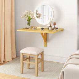 Gymax Wall Mounted Folding Table 80 x 60 cm Drop-Leaf Floating Writing Desk in Khaki - thumbnail 7