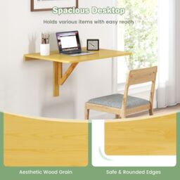Gymax Wall Mounted Folding Table 80 x 60 cm Drop-Leaf Floating Writing Desk in Khaki - thumbnail 4