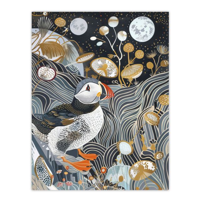 "Artery8 Stylised Puffin Full Moon Flower Field Abstract Wall Art Print in Dark Blue - Size: W24"" x H32""" - image 1