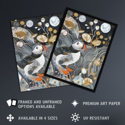 "Artery8 Stylised Puffin Full Moon Flower Field Abstract Wall Art Print in Dark Blue - Size: W24"" x H32""" - thumbnail 2