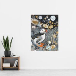 "Artery8 Stylised Puffin Full Moon Flower Field Abstract Wall Art Print in Dark Blue - Size: W24"" x H32""" - thumbnail 4