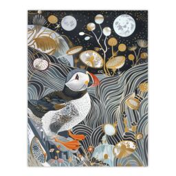 "Artery8 Stylised Puffin Full Moon Flower Field Abstract Wall Art Print in Dark Blue - Size: W24"" x H32""" - thumbnail 1