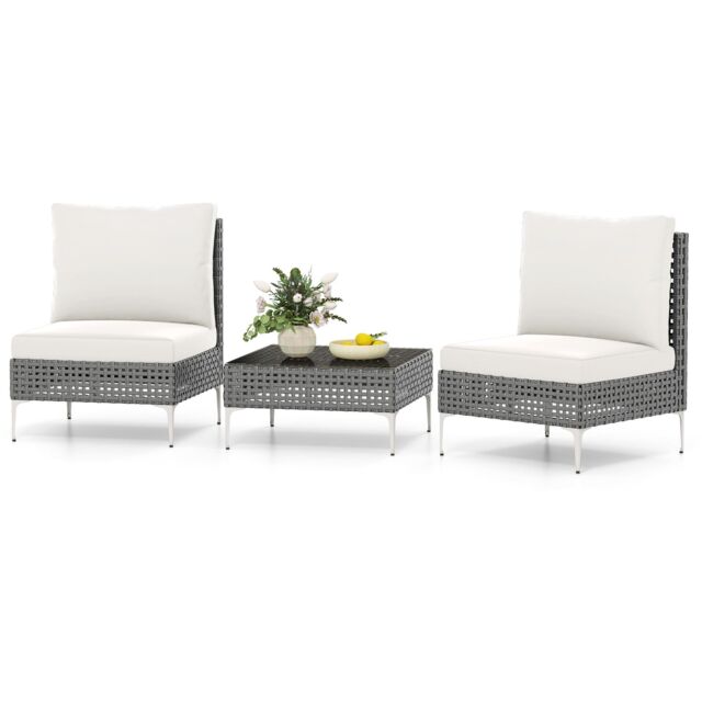Gymax 3 Pieces Patio Bistro Set PE Rattan Furniture Set With Coffee Table in White - image 1