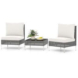 Gymax 3 Pieces Patio Bistro Set PE Rattan Furniture Set With Coffee Table in White - thumbnail 1