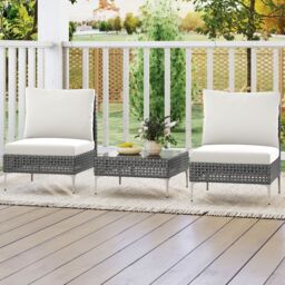 Gymax 3 Pieces Patio Bistro Set PE Rattan Furniture Set With Coffee Table in White - thumbnail 7