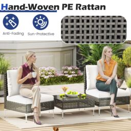 Gymax 3 Pieces Patio Bistro Set PE Rattan Furniture Set With Coffee Table in White - thumbnail 4