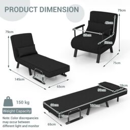 Costway Convertible Single Folding Sofa Bed Sleep Chair with 6 Positions Adjustable Backrest in Dark Grey - thumbnail 2
