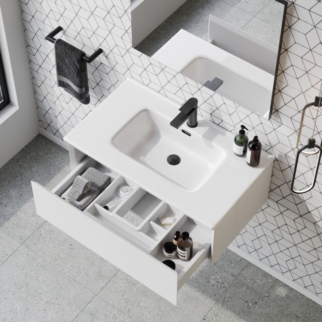 Banyetti Kameo 800mm WallHung 1 Drawer Vanity Unit with Athena Basin-Matt White - image 1