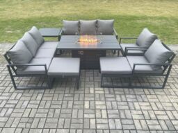Fimous Aluminium Outdoor Garden Furniture Set Patio Lounge Sofa Gas Fire Pit Dining Table Set with Side Table 2 Big Footstools Dark Grey - thumbnail 2