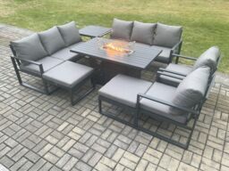 Fimous Aluminium Outdoor Garden Furniture Set Patio Lounge Sofa Gas Fire Pit Dining Table Set with Side Table 2 Big Footstools Dark Grey - thumbnail 1