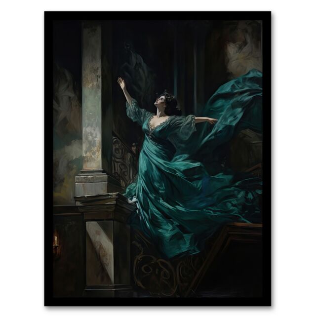"Artery8 Wall Art Print Floria Tosca Dramatic Opera Scene Oil Painting Heartbroken Singer Jumps From Balcony Art Framed in Blue - Size: W12"" x H16""" - image 1